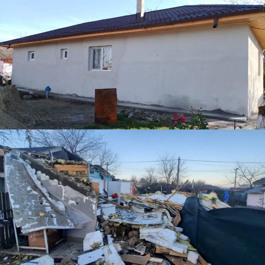 Casa familiei Agape: locuința nouă finalizată și, dedesubt, ruinele rămase după explozie